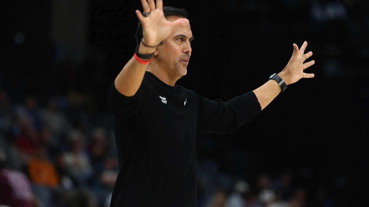 Miami Heat head coach Erik Spoelstra reacts during the second half against the Memphis Grizzlies at FedExForum.