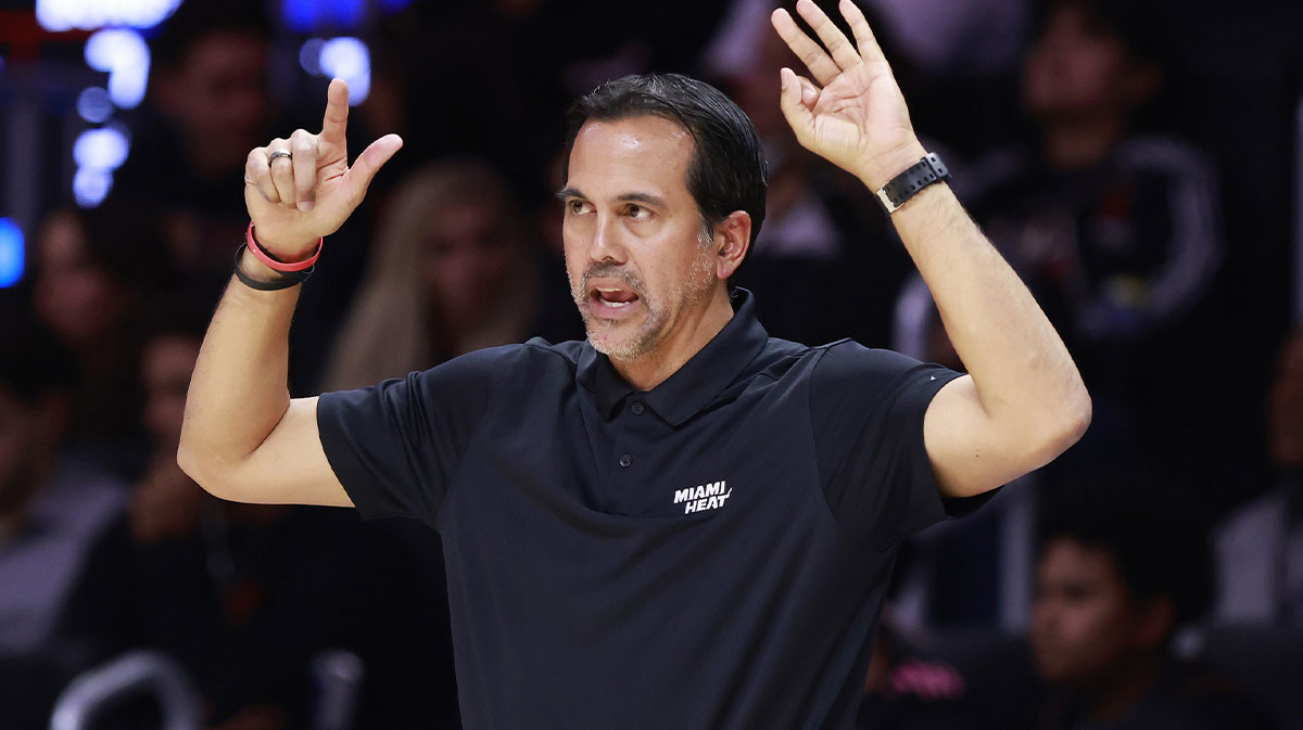 Miami Heat head coach Erik Spoelstra gestures against the Detroit Pistons during the second half at Kaseya Center.