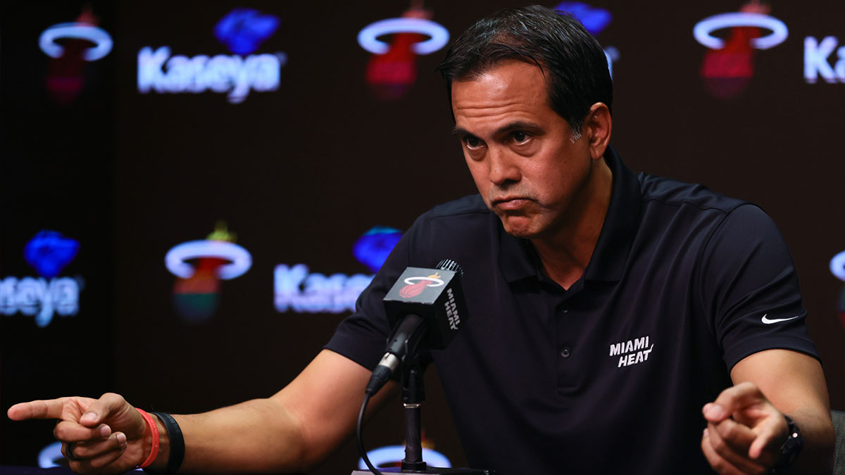 Miami Heat head coach Erik Spoelstra talks to reporters during media day at Kaseya Center.