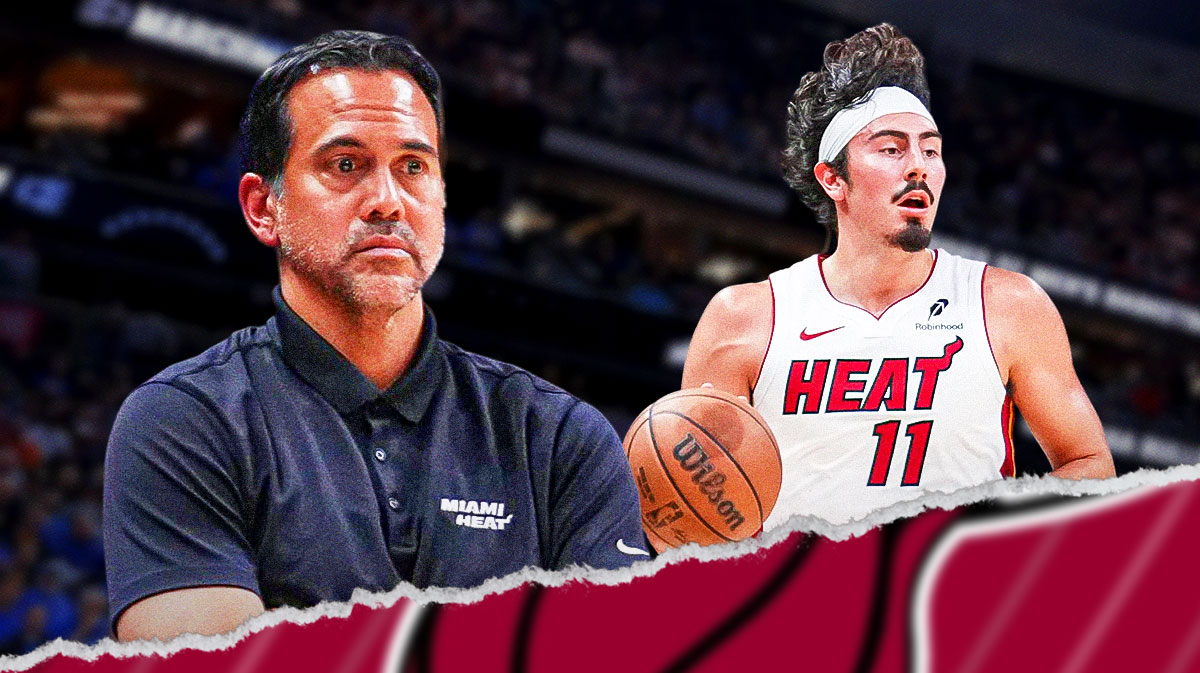 Miami Heat head coach Erik Spoelstra and Jaime Jaquez Jr. in front of Kaseya Center.