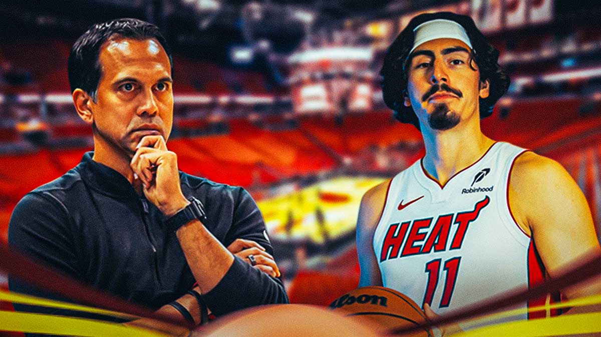 Miami Heat head coach Erik Spoelstra and Jaime Jaquez Jr. in front of Kaseya Center.