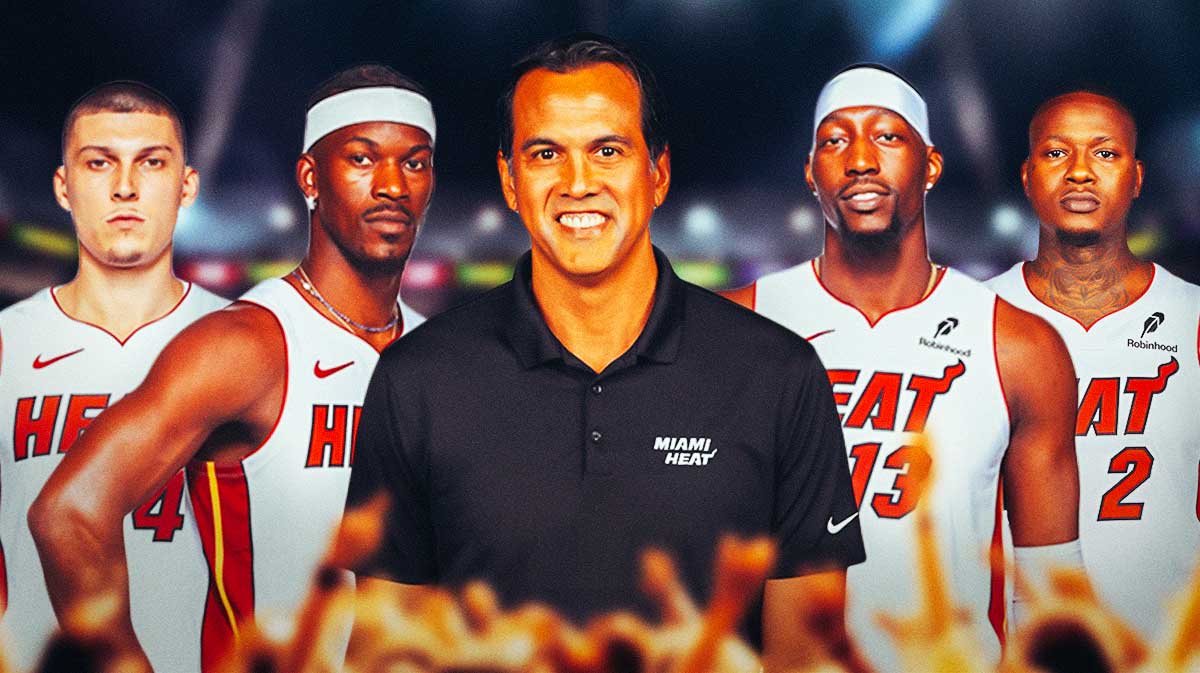 Miami Heat head coach Erik Spoelstra in the center with Jimmy Butler and Tyler Herro on one side and Bam Adebayo and Terry Rozier on the other in front of Kaseya Center.