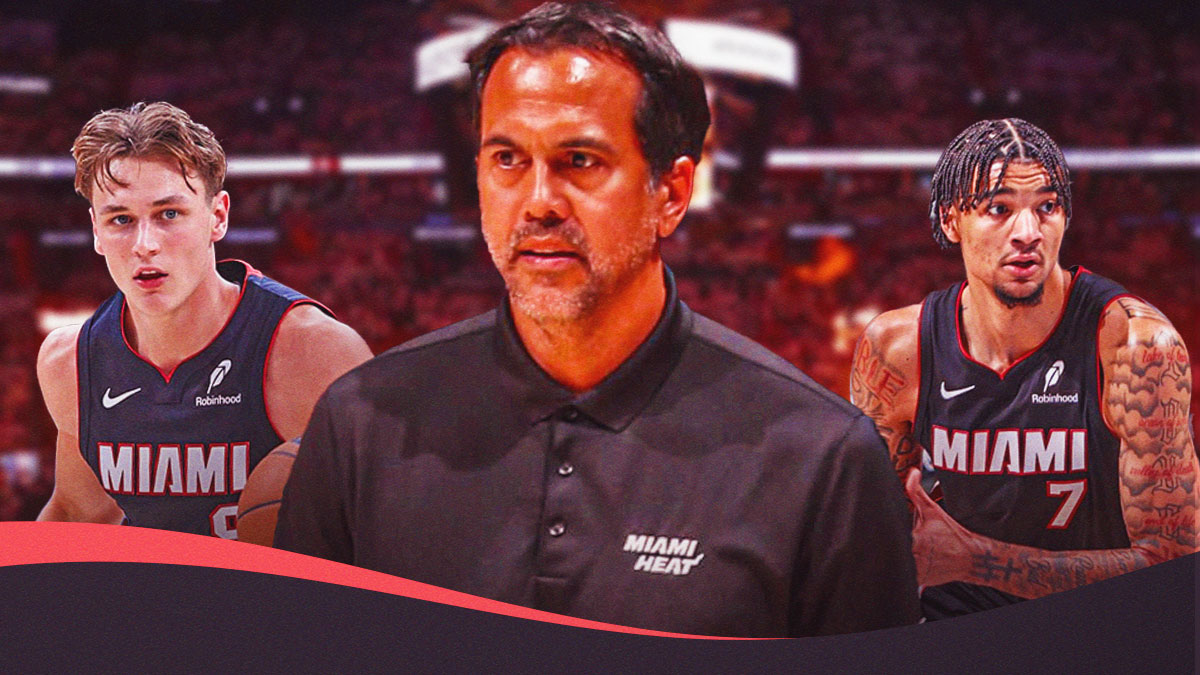 Miami Heat head coach Erik Spoelstra in the middle of Kel'el Ware and Pelle Larsson in front of Kaseya Center.