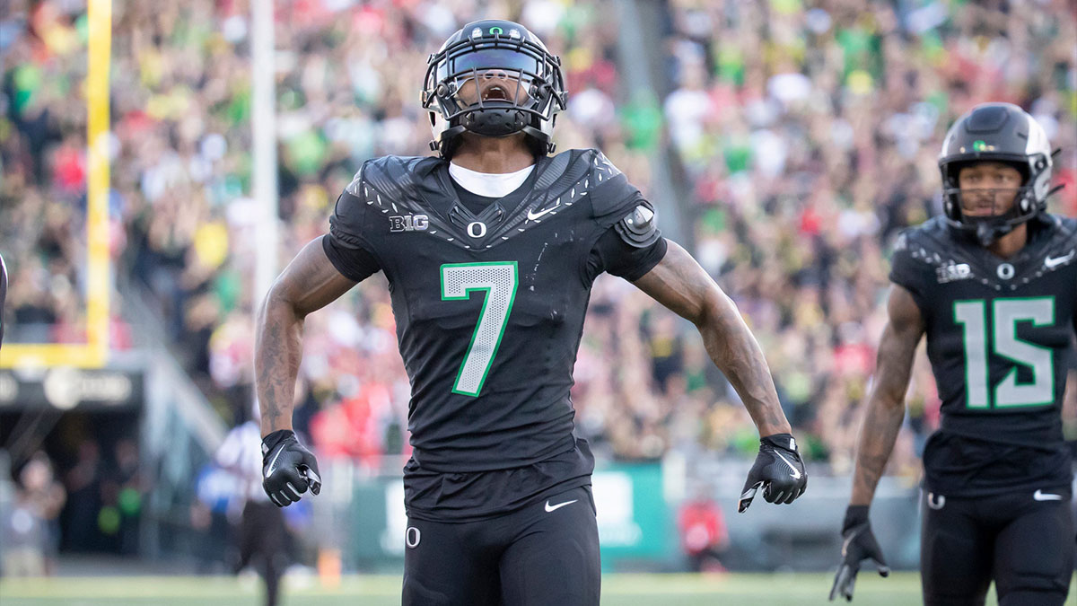 Oregon Ducks wide receiver Evan Stewart celebrates a long reception as the No. 3 Oregon Ducks host the No. 2 Ohio State Buckeyes Saturday, Oct. 12, 2024 at Autzen Stadium in Eugene, Ore.