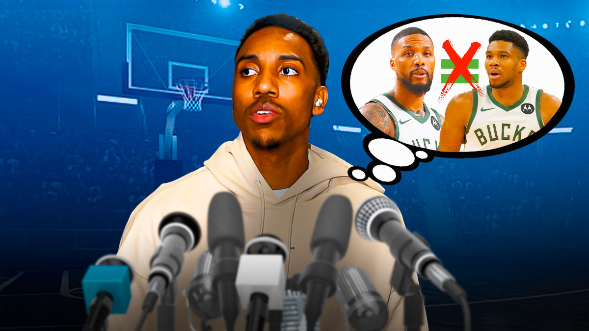 Jeff Teague with microphones around him with a thought bubble that has Damian Lillard, with an equal sign next to him, and then Giannis Antetokounmpo. The equal sign has a canceled-out mark in front of it.