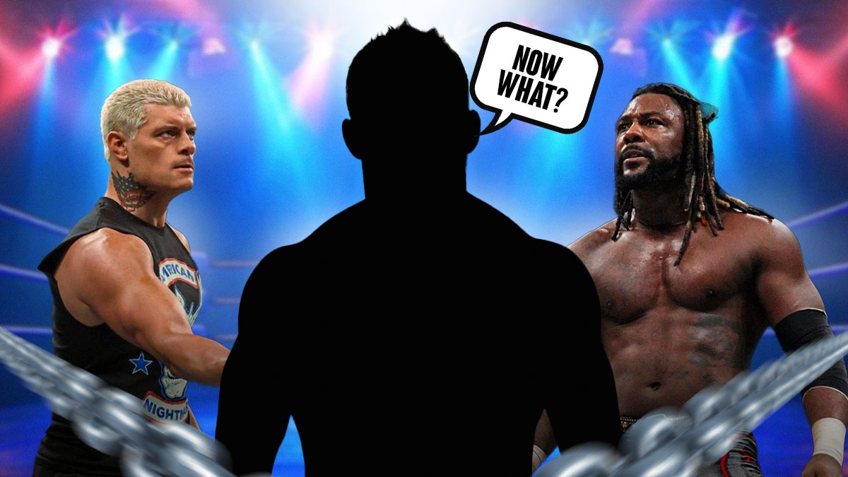 Cody Rhodes on the left, Swerve Strickland on the right, and the blacked-out silhouette of Matt Cardona in the middle with a text bubble reading "Now what?" insider a wrestling ring.