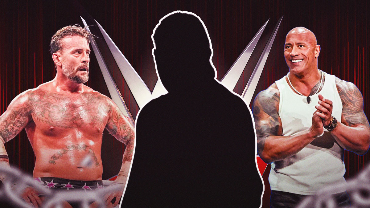 CM Punk on the left, The Rock on the right with the blacked-out silhouette of Dominik Mysterio in the middle and the WWE logo as the background.