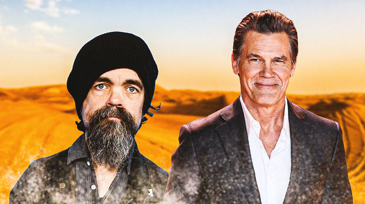 Brothers stars Peter Dinklage and Josh Brolin in front of desert.