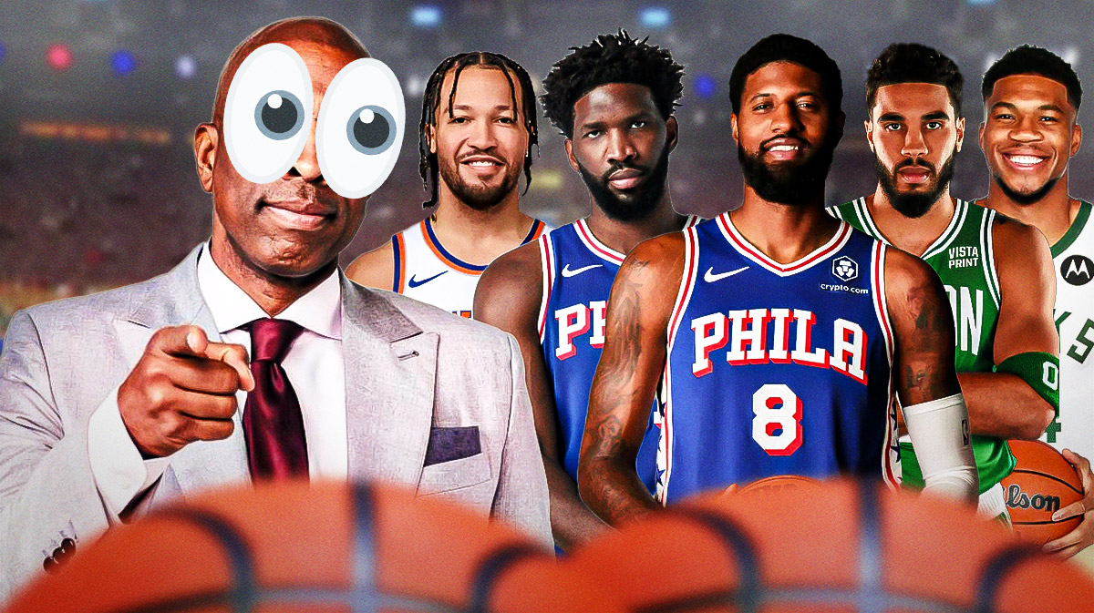 Photo: Kenny Smith with peeping eyes looking at Paul George, Joel Embiid in 76ers jerseys, Jayson Tatum in Celtics jersey, Jalen Brunson in Knicks jersey, Giannis in Bucks jersey