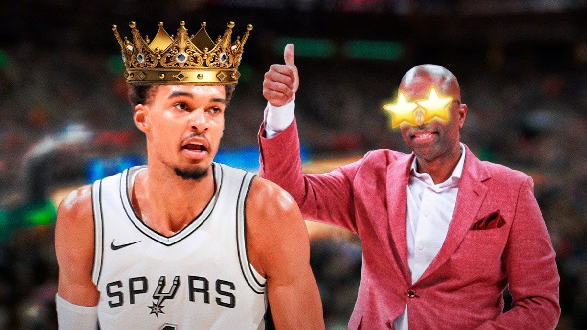 Photo: Victor Wembanyama in action in Spurs jersey, have a crown on him, Kenny Smith looking at Wemby with star eyes
