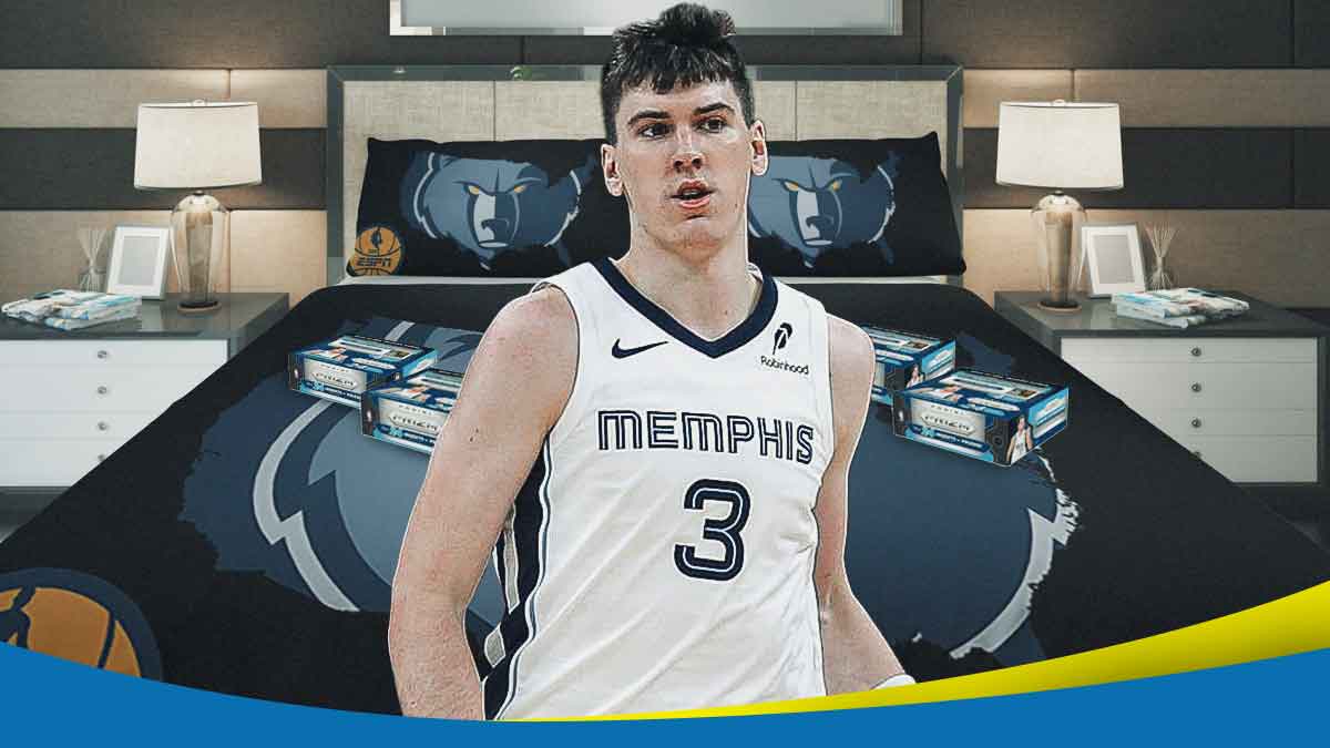 Jake LaRavia in a Grizzlies-themed bedroom with a few boxes of 2024 NBA Prizm Panini hobby boxes.