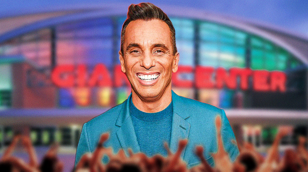 Sebastian Maniscalco with Giant Center in Hershey, Pennsylvania, behind him, where the It Ain't Right Tour will visit on October 6, 2024.