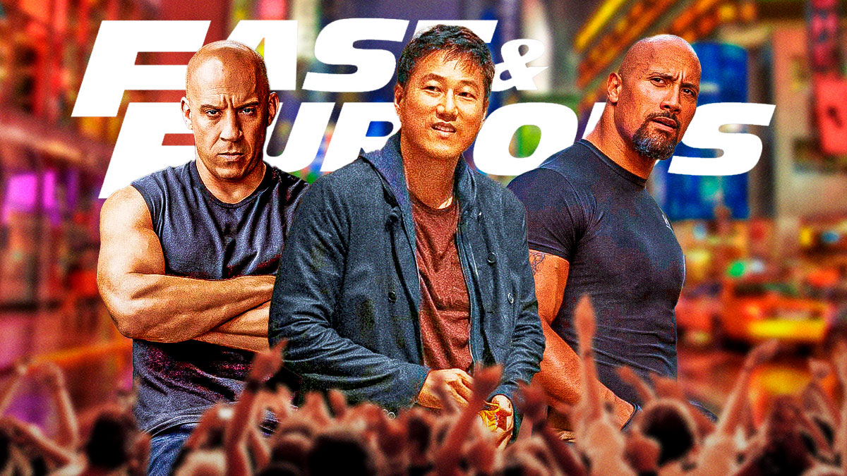 Fast and Furious 11 stars Vin Diesel, Sung Kang, and Dwayne Johnson with franchise logo behind them.