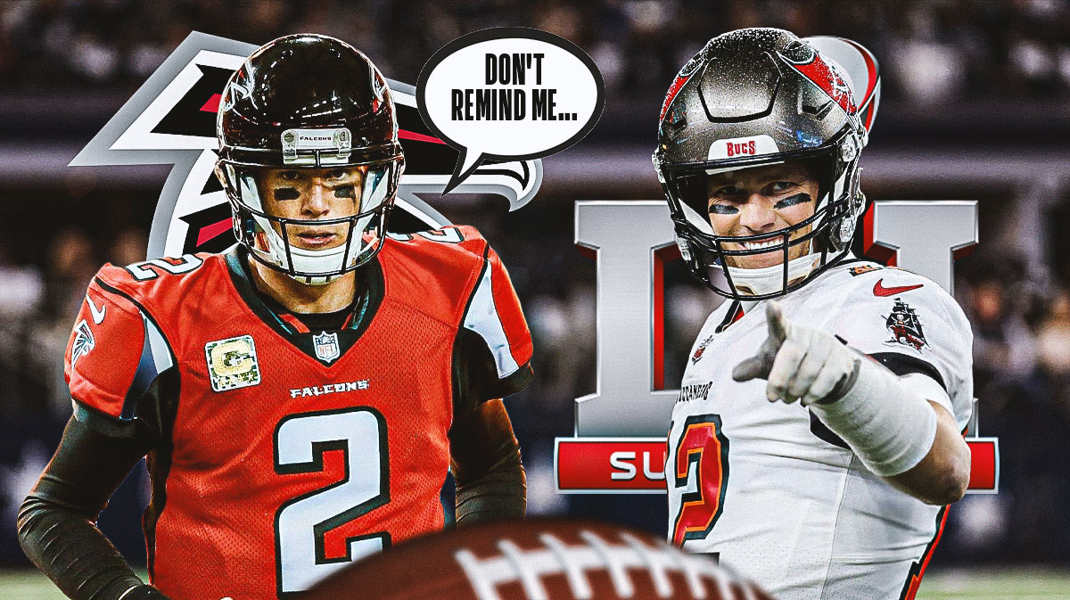 Former NFL QB Matt Ryan with a speech bubble that says "Don't remind me..." Next to him is former NFL QB Tom Brady. There is also a logo for the Atlanta Falcons and a logo for Super Bowl 51 (Super Bowl LI).