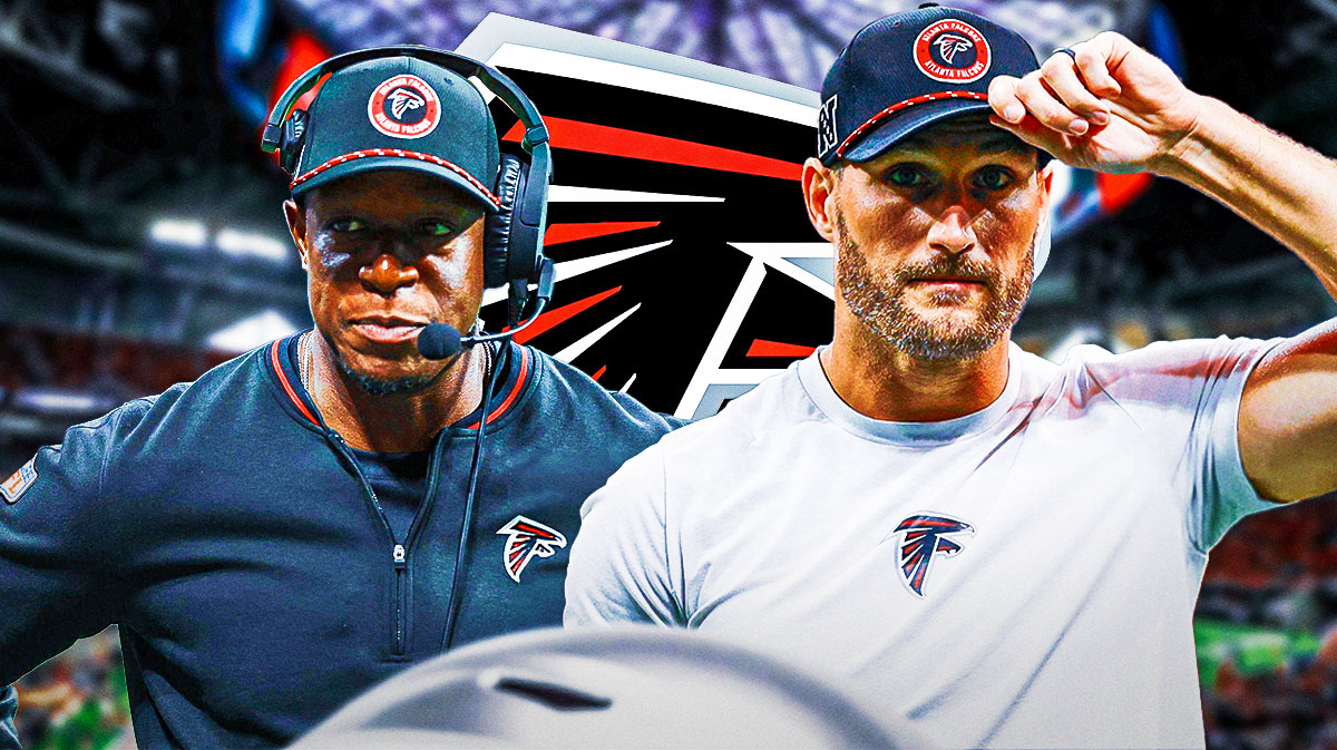 Atlanta Falcons head coach Raheem Morris with QB Kirk Cousins. There is also a logo for the Atlanta Falcons.