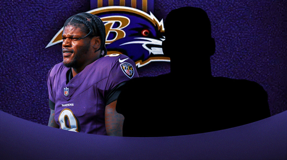 Man silhouette in the middle with Baltimore Ravens logo and Ravens Lamar Jackson behind