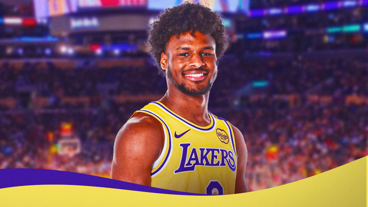 Bronny James smiling in Lakers uniform.