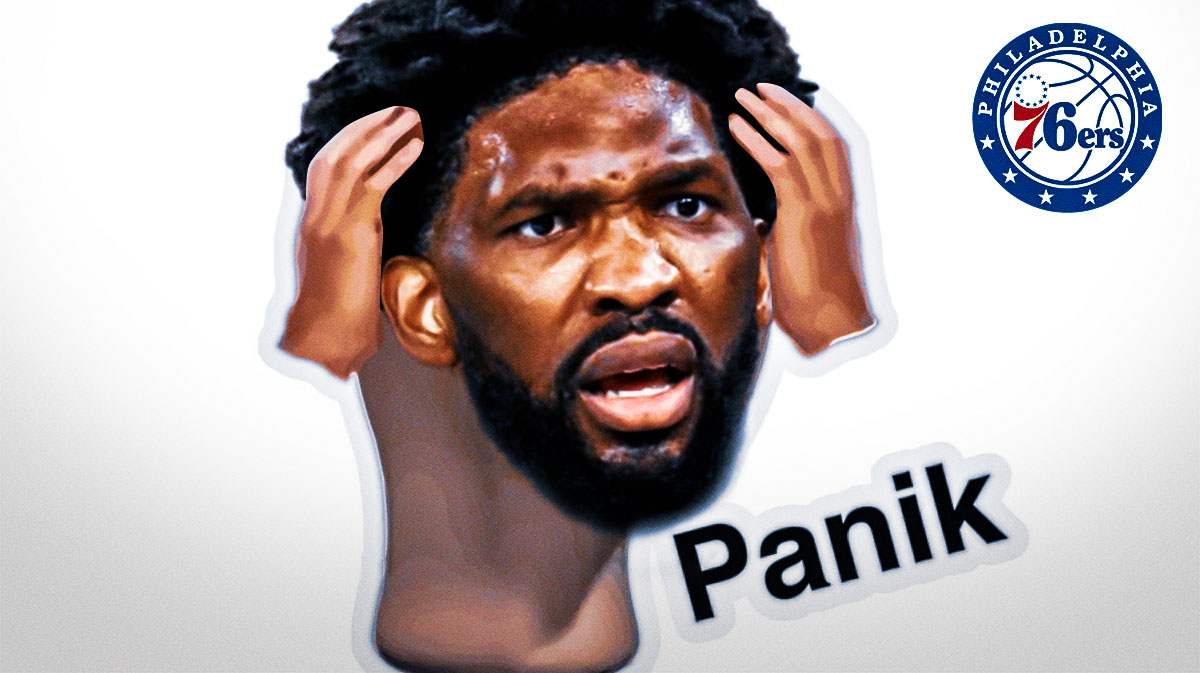 Joel Embiid edited to look like the Panik meme and the 76ers logo.