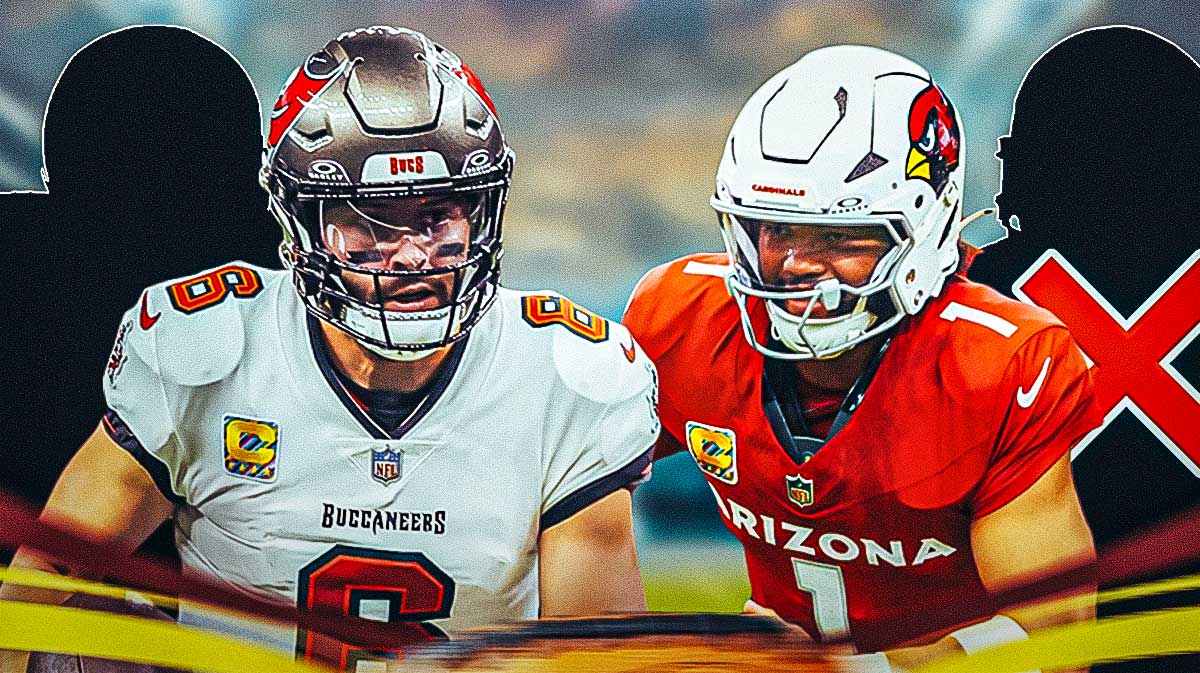 Baker Mayfield and a silhouette of a quarterback on one side with a checkmark above them, Kyler Murray and a silhouette of a quarterback on one side with an "X" above them