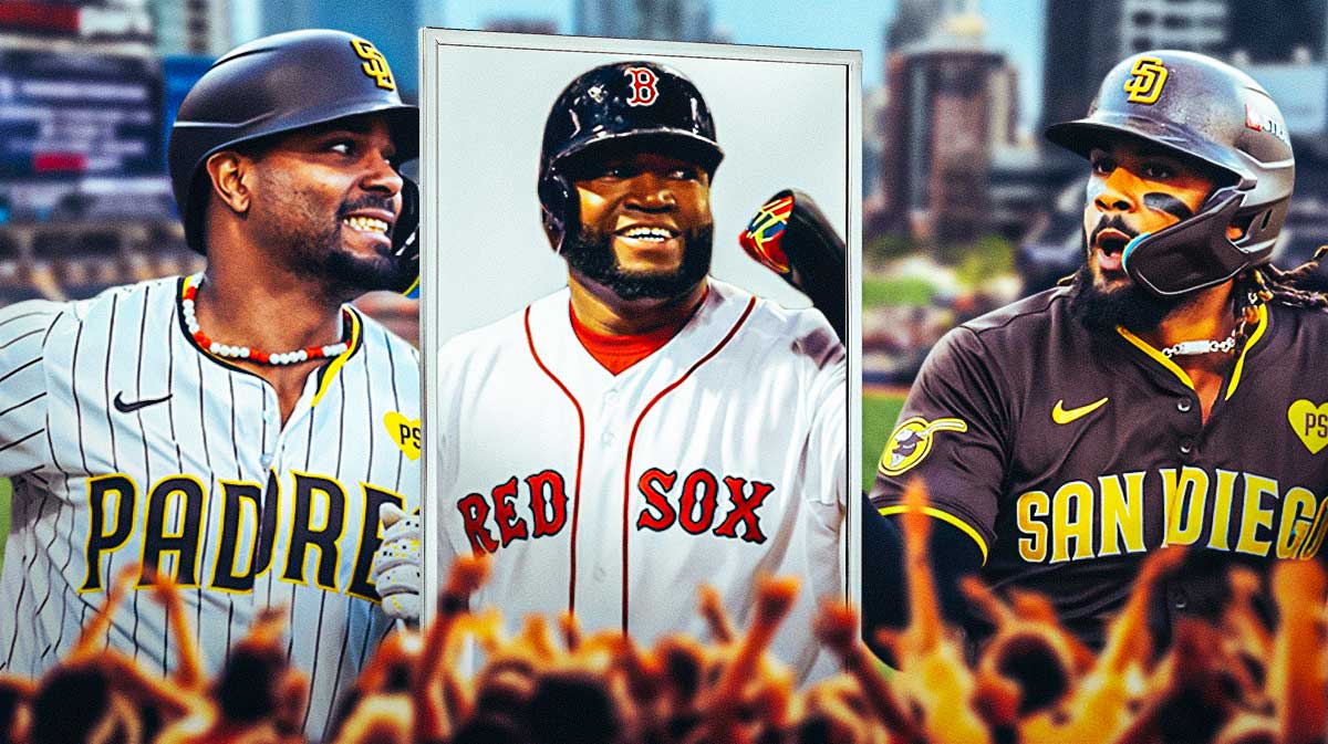 Padres' Xander Bogaerts smiling while holding a mirror in front of Fernando Tatis Jr., with Red Sox's David Ortiz as the reflection