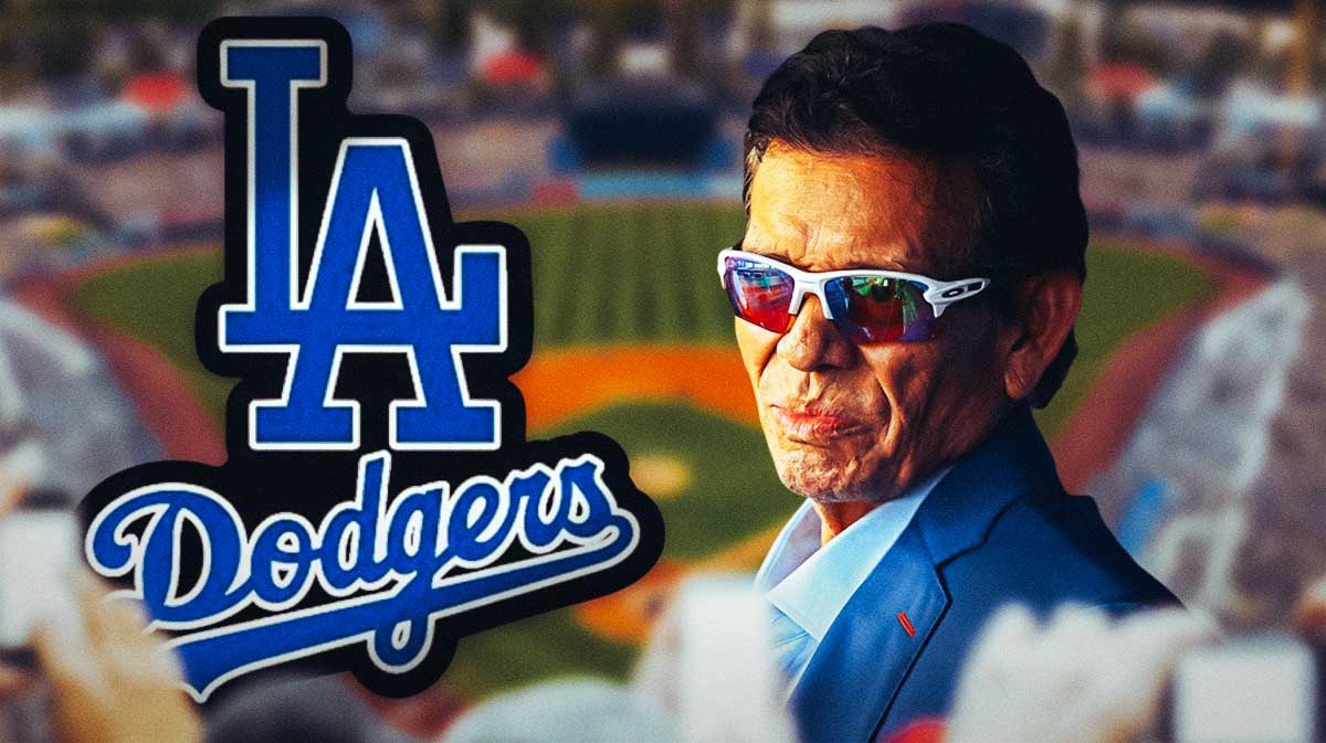 Fernando Valenzuela next to a Dodgers logo