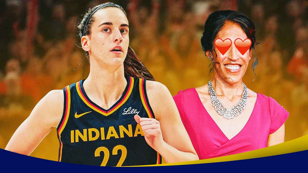 WNBA Indiana Fever player Caitlin Clark, and former WNBA player Rebecca Lobo, with hearts in Rebecca Lobo's eyes