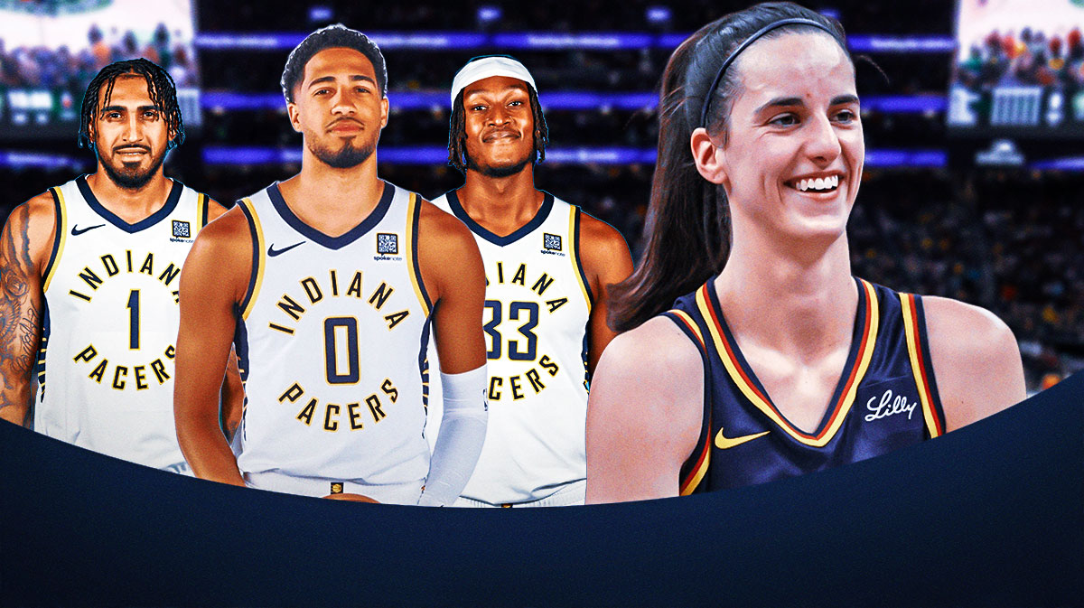 Photo: Caitlin Clark smiling in Fever jersey, Tyrese Haliburton, Obi Toppin, Myles Turner in Pacers jerseys behind her