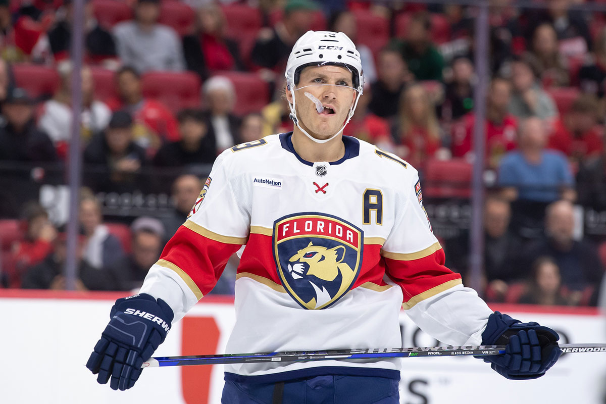 Florida Panthers left wing Matthew Tkachuk (19) stands prior to a faceoff in the second period against the Ottawa Senators at the Canadian Tire Centre