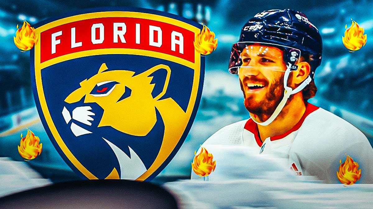 Matthew Tkachuk in image looking happy with fire around him, Florida Panthers logo, hockey rink in background