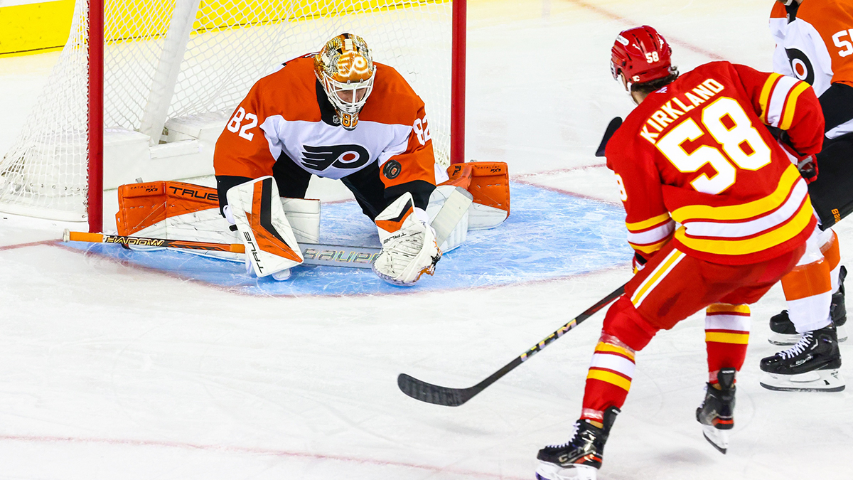 Philadelphia Flyers goaltender Ivan Fedotov (82) makes a save against Calgary Flames during the first period at Scotiabank Saddledome.