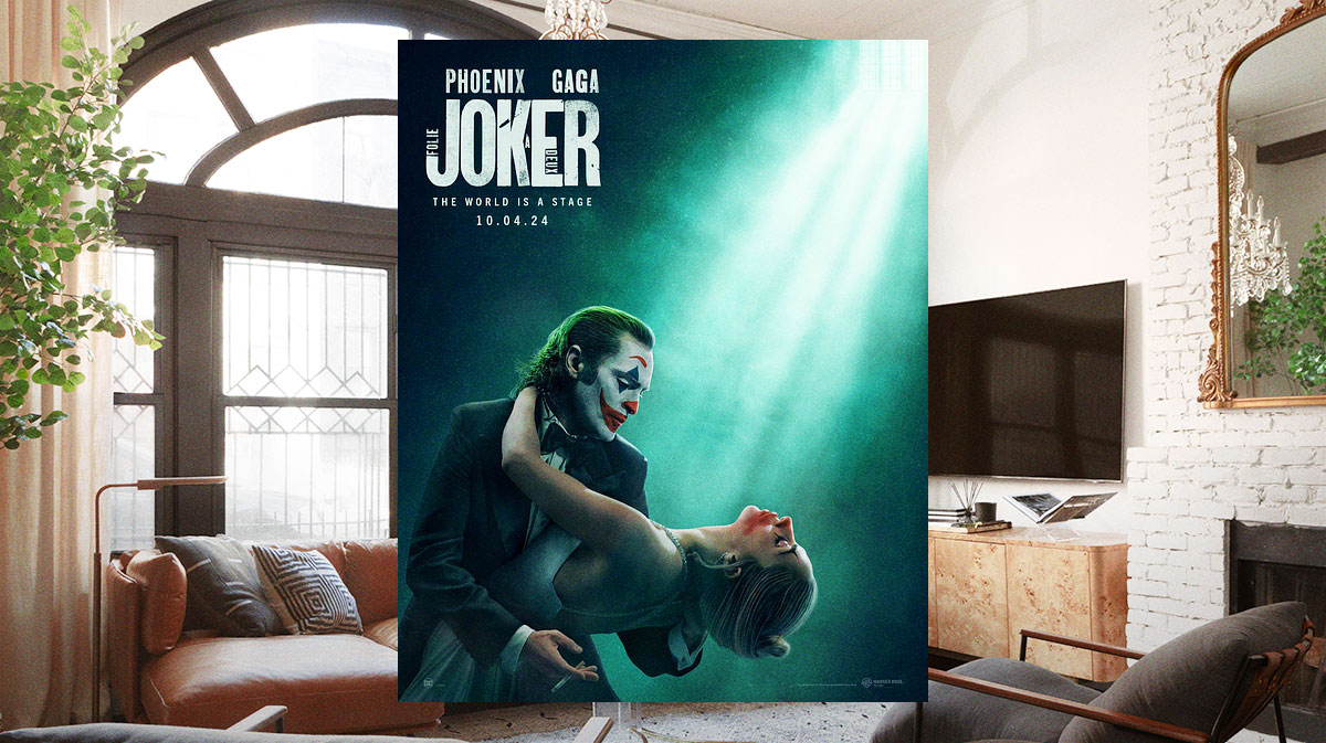 Joker Folie à Deux, which hits streaming on October 29, 2024, poster in living room.