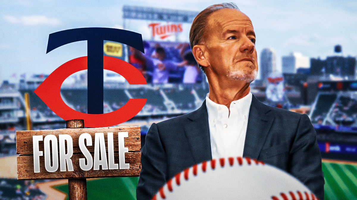 Twins' Jim Pohlad with a FOR SALE sign next to a Twins logo