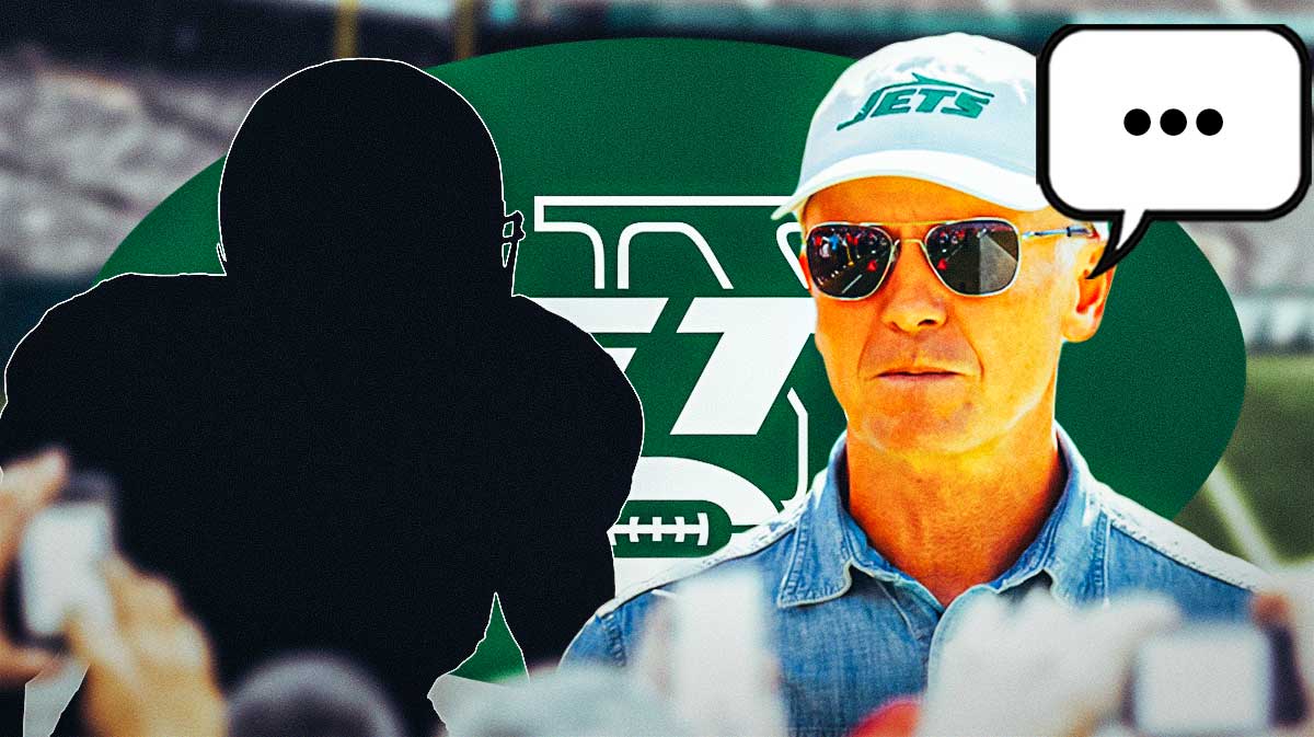 A silhouette of an American football player with a speech bubble that has the three dots emoji inside. There is also New York Jets owner Woody Johnson and a logo for the New York Jets.
