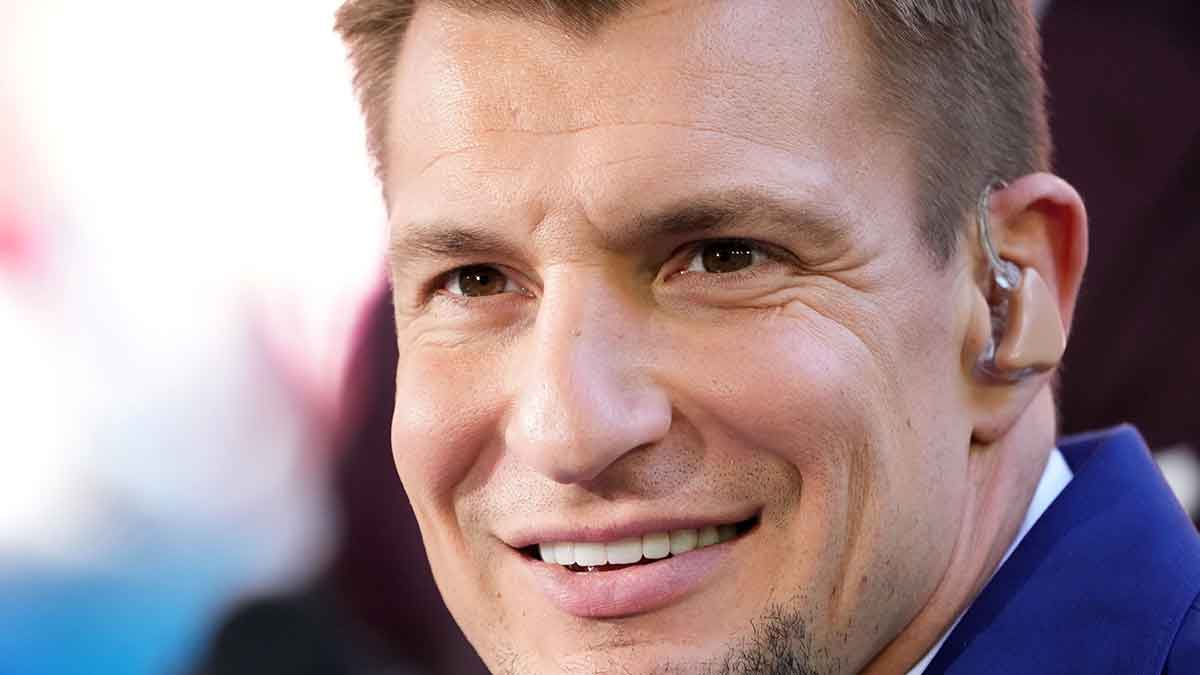 Former NFL player Rob Gronkowski speaks on FOX Sports before Super Bowl LVII between the Kansas City Chiefs and the Philadelphia Eagles at State Farm Stadium