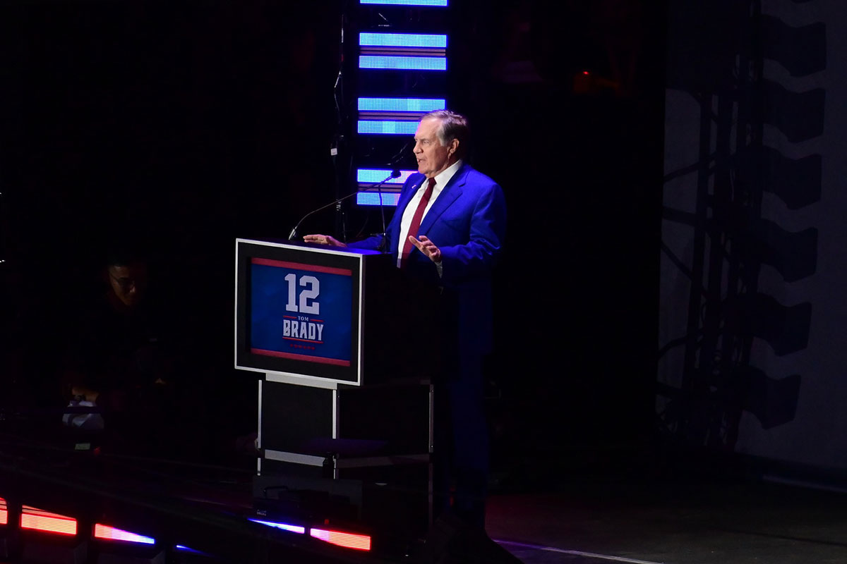 Former Patriots head coach Bill Belichick speaks during the New England Patriots Hall of Fame induction Ceremony for Tom Brady at Gillette Stadium.
