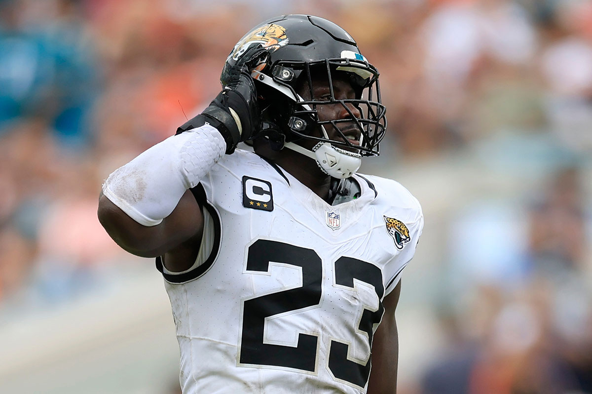 Jacksonville Jaguars linebacker Foyesade Oluokun (23) reacts to his sack of Cleveland Browns quarterback Deshaun Watson (4) during the third quarter of an NFL football matchup Sunday, Sept. 15, 2024 at EverBank Stadium in Jacksonville, Fla. The Browns defeated the Jaguars 18-13.
