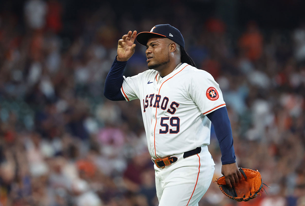 Houston Astros pitcher Framber Valdez (59) walks off the mount in the first inning against the Detroit Tigers in game one of the Wild Card round for the 2024 MLB Playoffs at Minute Maid Park.