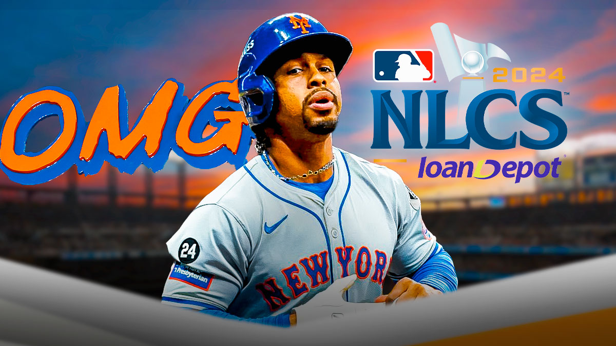 Francisco Lindor, the Mets OMG prop, and the NLCS logo.