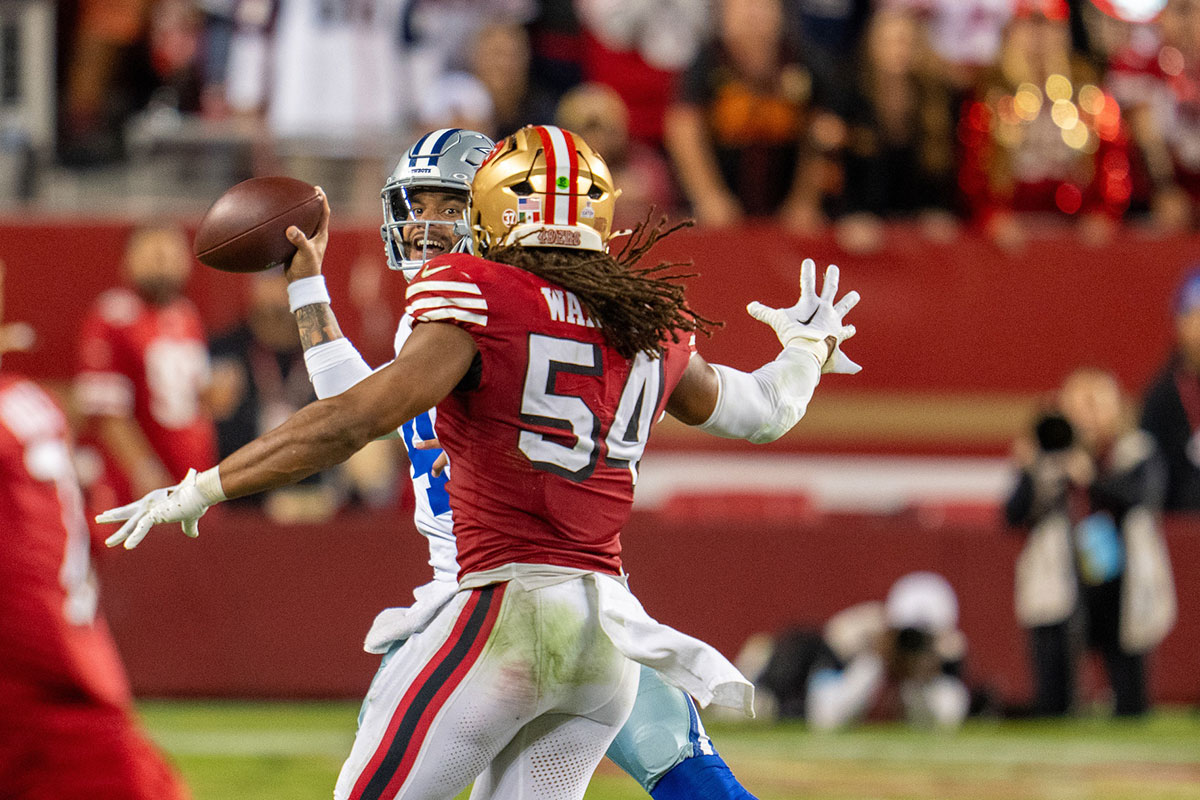 San Francisco 49ers linebacker Fred Warner (54) pressures Dallas Cowboys quarterback Dak Prescott (4) during the third quarter at Levi's Stadium.