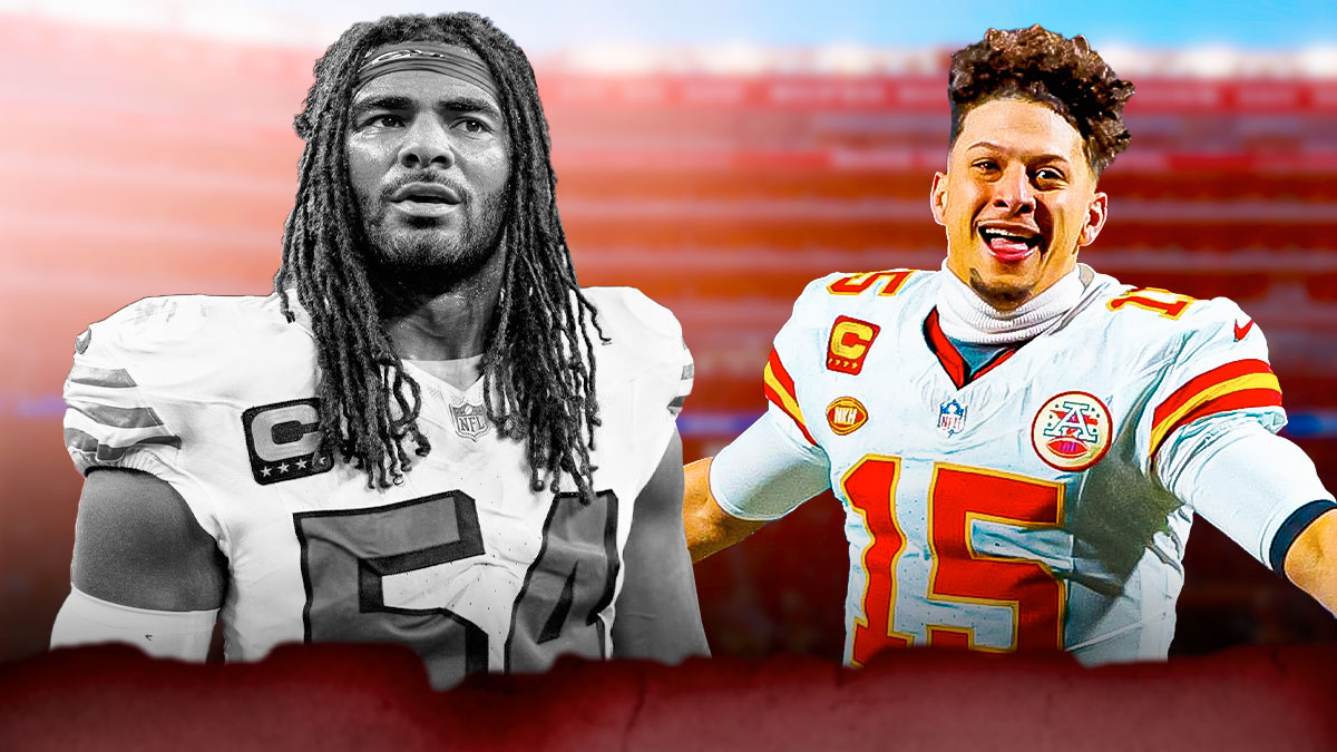 49ers' Fred Warner greyed out next to an excited Chiefs' Patrick Mahomes