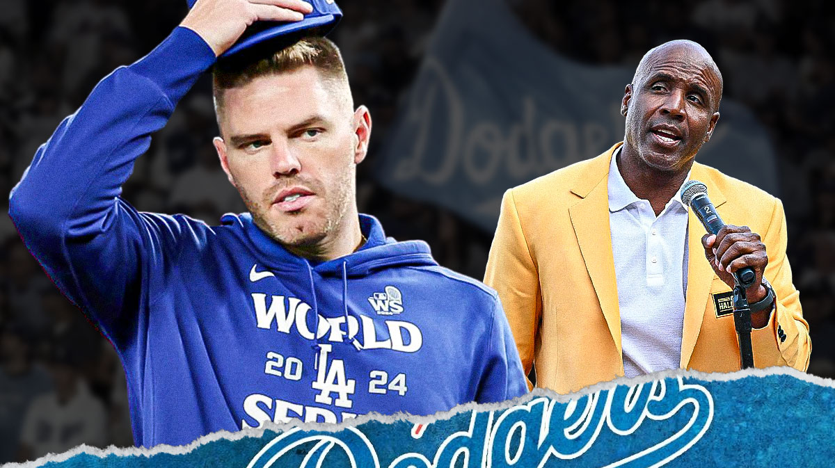 Freddie Freeman next to Barry Bonds in front of Dodgers Stadium