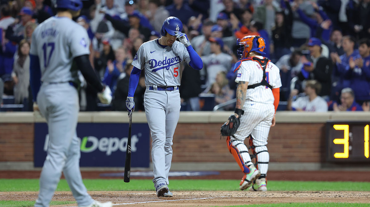 Los Angeles Dodgers first base Freddie Freeman (5) reacts to striking out in the fourth inning against the New York Mets during game five of the NLCS for the 2024 MLB playoffs at Citi Field.