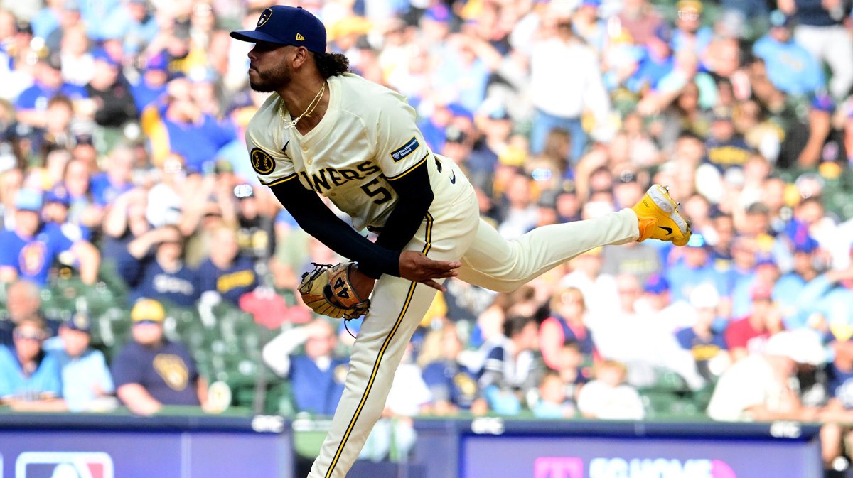 Milwaukee Brewers pitcher Freddy Peralta (51) throws a pitch during the first inning in game one of the Wildcard round for the 2024 MLB Playoffs at American Family Field.