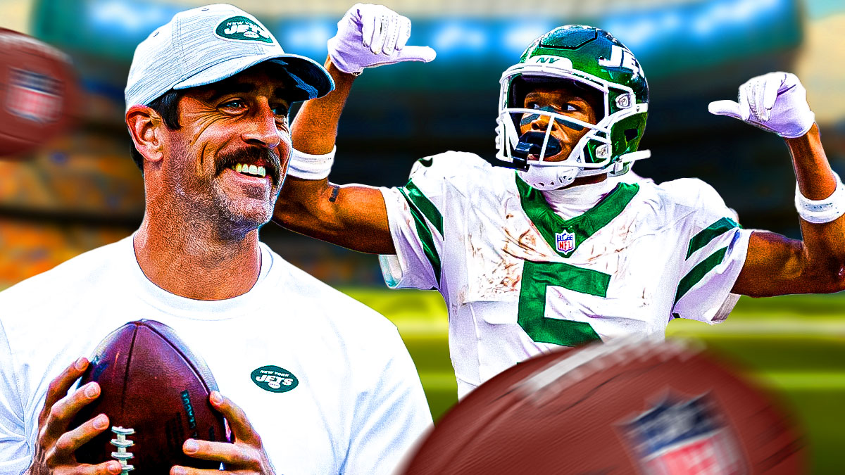 Jets' Garrett Wilson hyped up, with Aaron Rodgers smiling at them