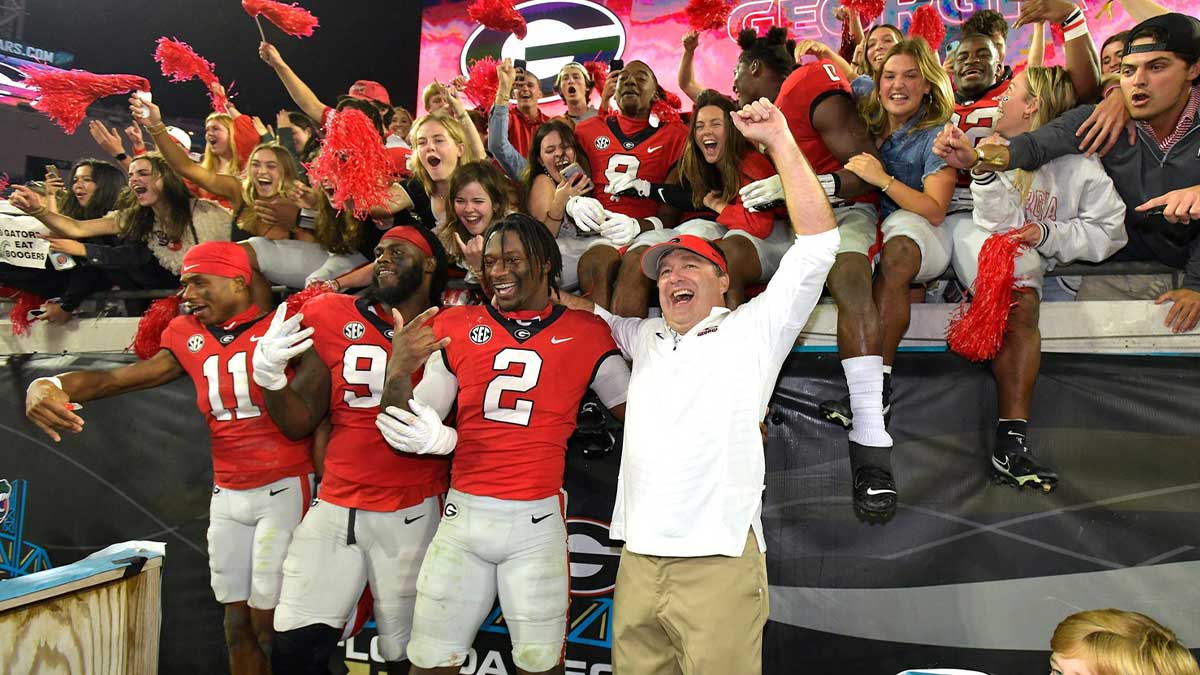 Georgia Bulldogs head coach Kirby Smart celebrates with his players and fans after their victory over Florida. The annual Georgia vs Florida football rivalry was held at TIAA Bank Field in Jacksonville, FL Saturday, October 29, 2022. The Bulldogs went in at halftime with a 28 to 3 lead over the Gators and won with a final score of 42 to 20. [Bob Self/Florida Times-Union] Jki 102822 Bs Georgia Vs Florida Football Game 2nd Half 06. 