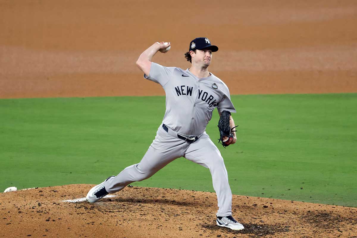 New York Yankees pitcher Gerrit Cole (45) pitches in the fifth inning against the Los Angeles Dodgers during game one of the 2024 MLB World Series at Dodger Stadium