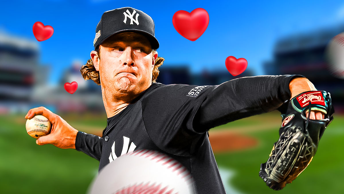 Gerrit Cole with a heart next to Yankee Stadium