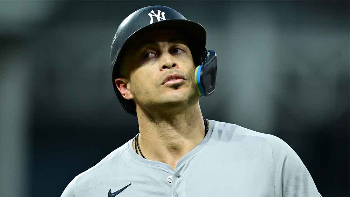 New York Yankees designated hitter Giancarlo Stanton (27) reacts after grounding out during the sixth inning against the Cleveland Guardians in game 3 of the American League Championship Series at Progressive Field. 