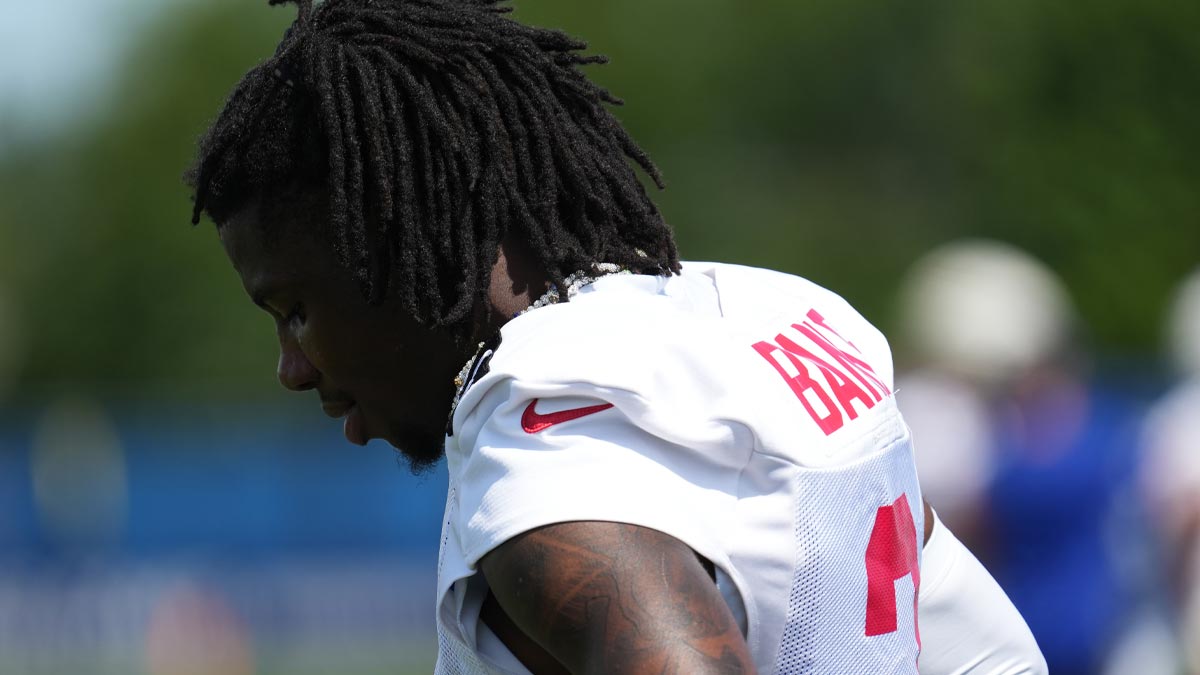 New York Giants cornerback Deonte Banks (3) breaks on the sideline during training camp at Quest Diagnostics Training Center.