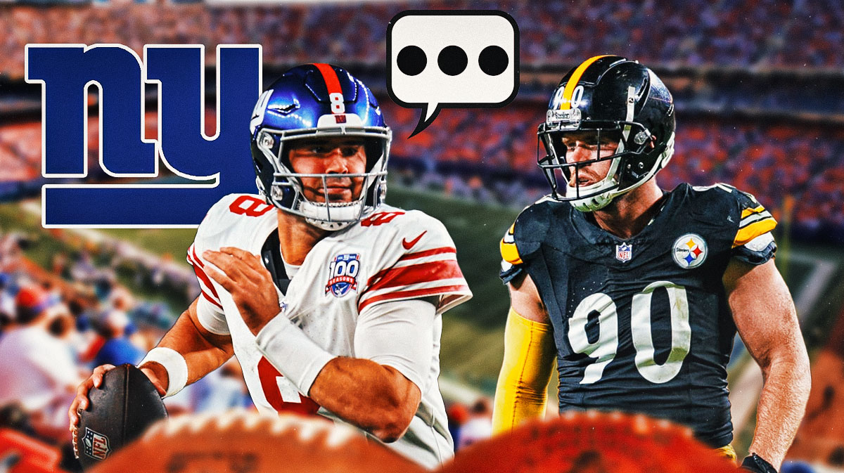 New York Giants QB Daniel Jones with a speech bubble that has the three dots emoji inside. Next to him is Pittsburgh Steelers linebacker T.J. Watt. There is also a logo for the New York Giants.